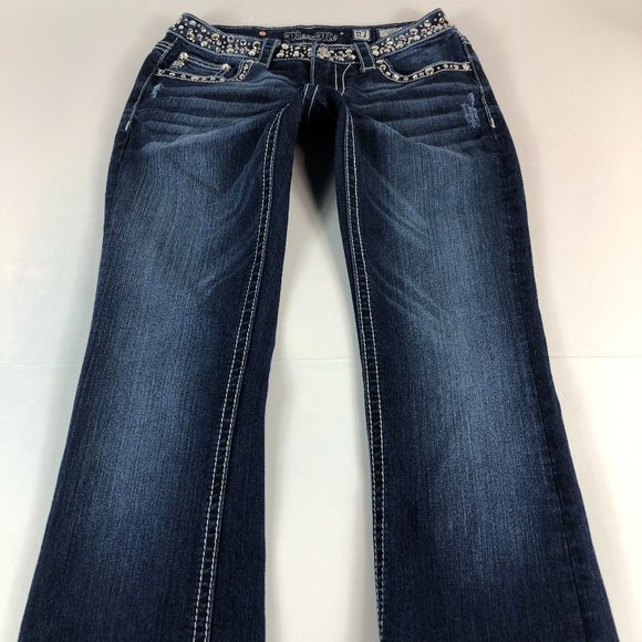 Miss Me Jeans Women's 27 Boot Cut Blue Stretch Denim Embellished Flap Pocket - Picture 1 of 16